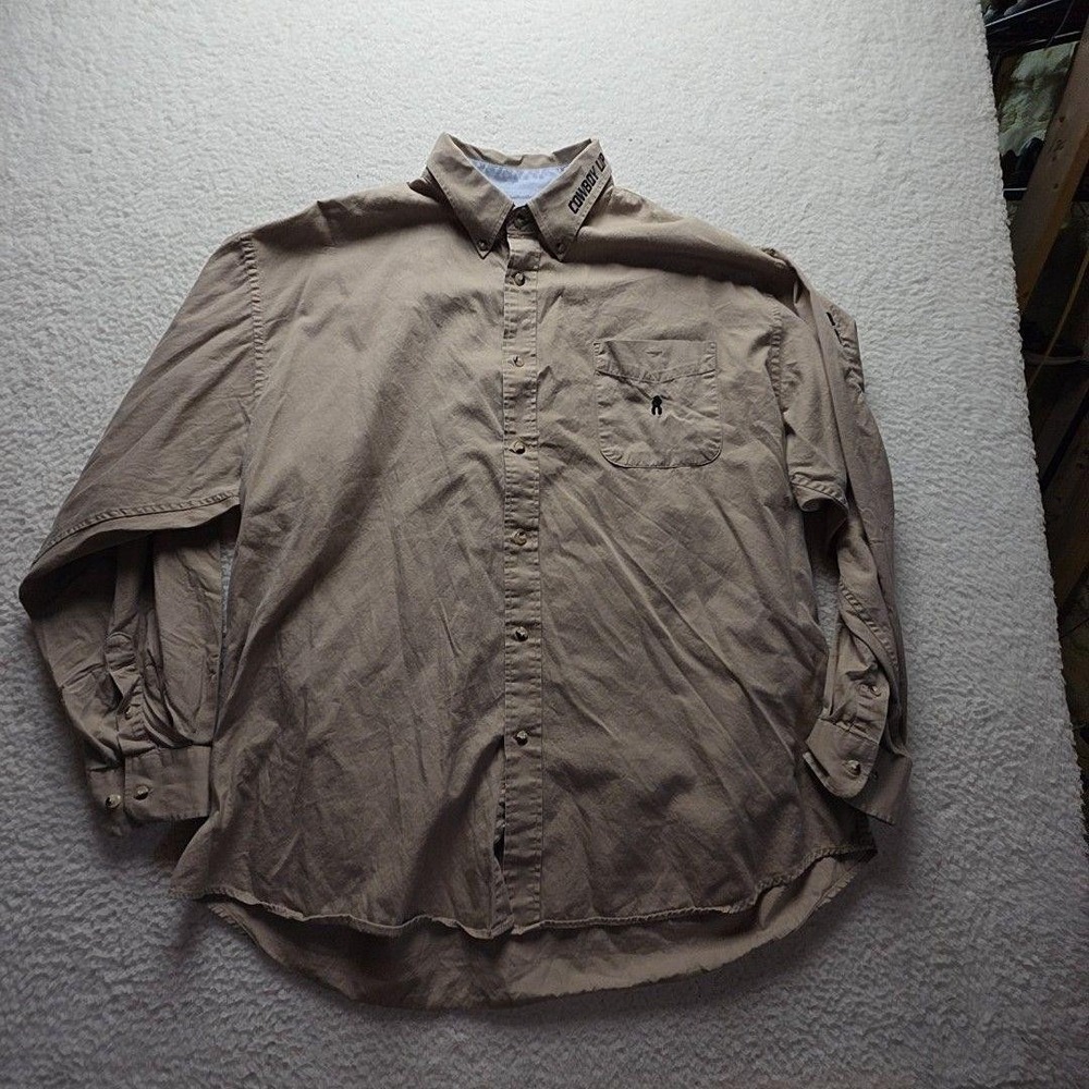 Cowboy Up Shirt Mens 2XL Beige Solid Long Sleeve Cotton Western Embroidered